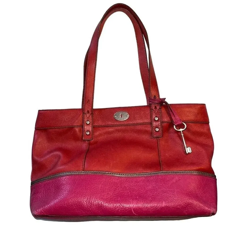 Fossil Hunter Leather Tote Bag Pink Red Zip Closure Key Charm Silver Hardware